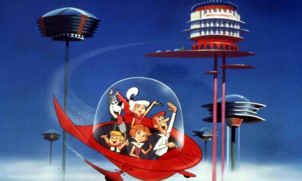 cartoon image of the jetsons in a spaceship with houses that look like the space needle behind them