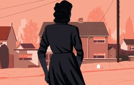 Illustration of a woman in silhouette looking across the street at a suburban house