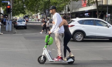 Australian tennis player Nick Kyrgios riding an e-scooter in Melbourne yesterday.