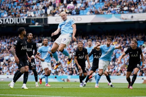 Manchester City's Erling Haaland can’t keep his header down and it goes over the bar.
