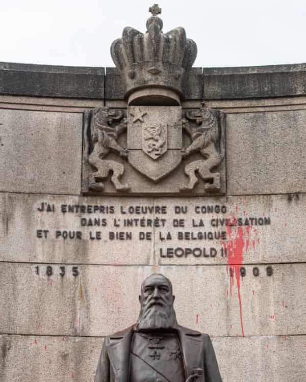 A defaced statue of Leopold II in Arlon, Belgium last year.