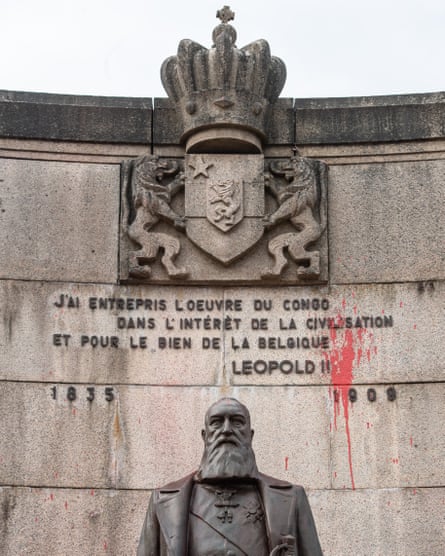 A defaced statue of Leopold II in Arlon, Belgium last year.
