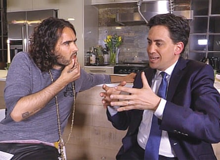 Russell Brand interviewing Ed Miliband for his YouTube show The Trews in 2015