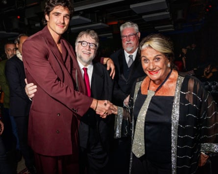 Jacob Elordi, Guillermo del Toro and Sara Karloff grouped together