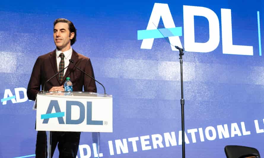 Baron Cohen speaking at the Anti-Defamation League summit in New York City, 2019.
