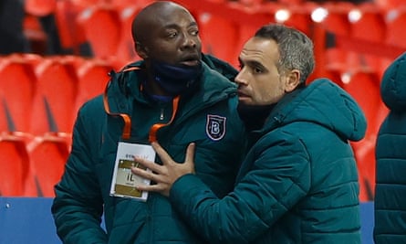 Pierre Webo, Basaksehir’s assistant coach, is led away after being sent off.