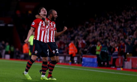 Cédric Soares celebrates with Nathan Redmond after doubling Southampton’s lead.