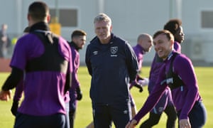 Captain Mark Noble (right) already seems to be enjoying life again as David Moyes takes his first training session back at West Ham on Monday.