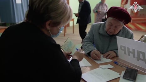 A still image from a Russian ministry of defence propaganda video about “voting” taking place in Belgorod region