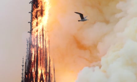 Fire engulfs the spire.