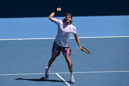 Stefanos Tsitsipas celebrates victory after winning his third round match against Tallon Griekspoor 6-2, 7-6 (5), 6-3