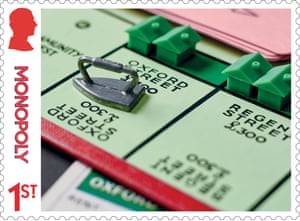A first-class stamp featuring a photograph of the Oxford Street and Regent Street boxes on a Monopoly board
