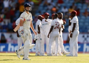 England’s Alex Lees reacts after losing his wicket to West Indies’ Kyle Mayers.