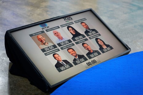 Portraits of Portuguese political parties' leaders are displayed on a TV monitor before the start of an election TV debate, ahead of the general election, in Carcavelos, outside Lisbon.