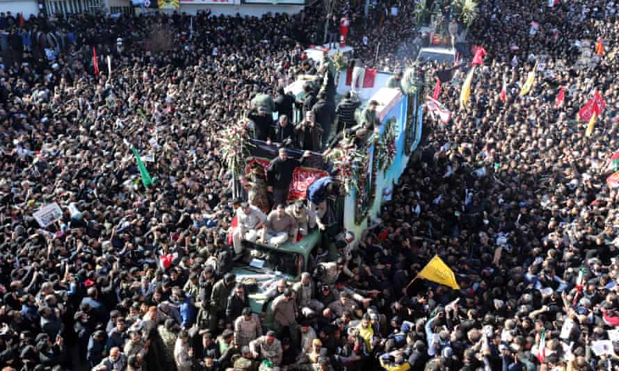 Iranians carry the coffin of Qasem Soleimani, after he was killed by a US drone strike
