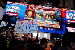 Crowds gather around Times Square to view televised results as Trump edges ahead