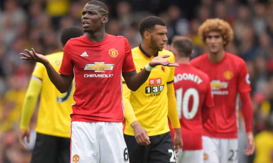 Paul Pogba looks perplexed during a 3-1 defeat at Watford in his first season back with Manchester United.
