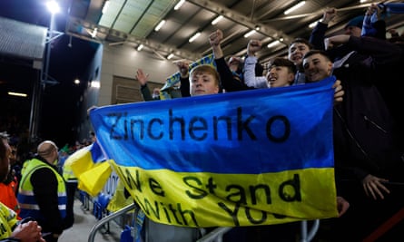 Manchester City fans show their support for Oleksandr Zinchenko during an FA Cup tie
