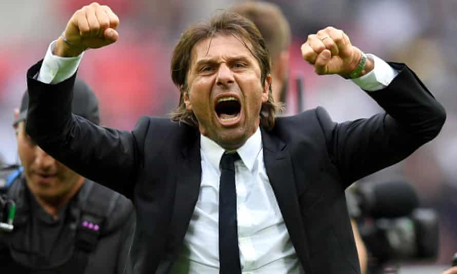 Antonio Conte enjoys his Chelsea team’s victory over Tottenham in August 2017.