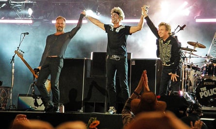 Reunion … Sting, Stewart Copeland and Andy Summers of the Police perform in Hyde Park, London, in 2008.
