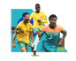 Composite image of Socceroos Mat Leckie, Garang Kuol and Nestory Irankunda in front of colourful shapes