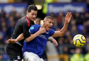 Richarlison is held back by Crystal Palace’s Joel Ward.