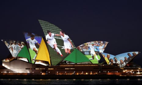 The Sydney Opera House lights up in celebration of Australia and New Zealand hosting the World Cup.