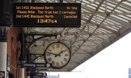 The departure board at Poulton-le-Fylde train station in June after Northern launched an eight-week interim timetable, removing 165 of its regular trains