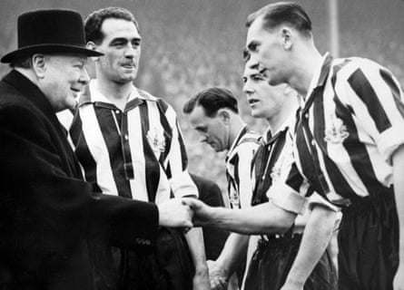 Newcastle United captain Joe Harvey (c) introduces Prime Minister Winston Churchill (l) to Jackie Milburn (r) before the 1952 FA Cup final