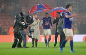 Kelly Cates and Gary Neville interview Leicester’s Jamie Vardy in the rain after a game at Southampton.