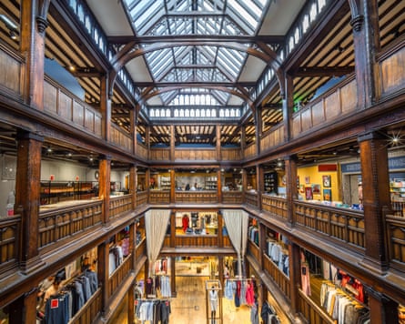 Wooden interior and the ceiling of the Liberty store in London, UK.