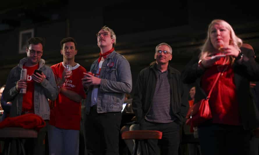 Labor supporters watch early election results at the Labor election reception at Canterbury-Hurlstone Park RSL Club in Sydney.