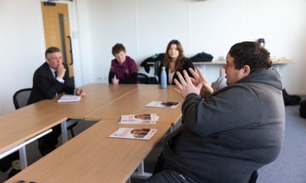 Jonathan Ashworth talking to Tom at the Wellbeing Hub.