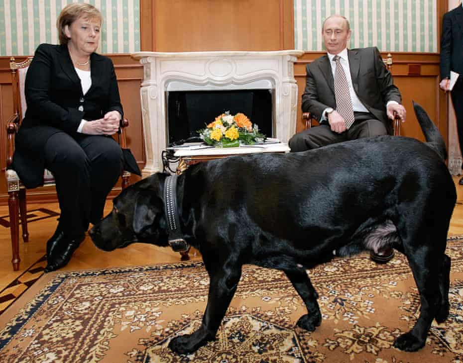 Putin and his dog, Connie, with the canine-fearing Angela Merkel