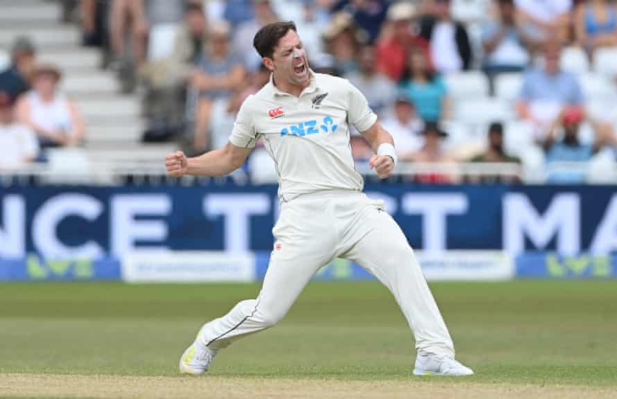 New Zealand bowler Matt Henry celebrates after taking the wicket of Ollie Pope.