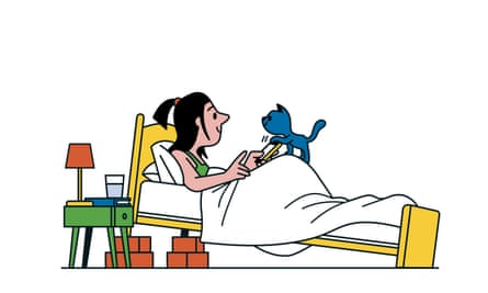 Illustration showing a woman lying in an inclined bed, with a cat on her lap
