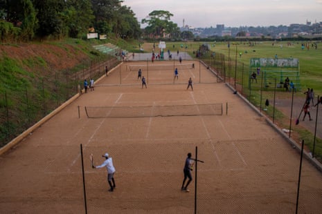 Students of Makerere University tennis team during a training session as over seen by Coach Charles Senyange at the Makerere main grounds courts.