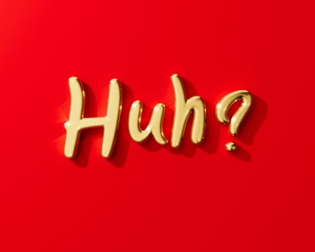 Illustration of the word ‘Huh?’ in gold against a red background