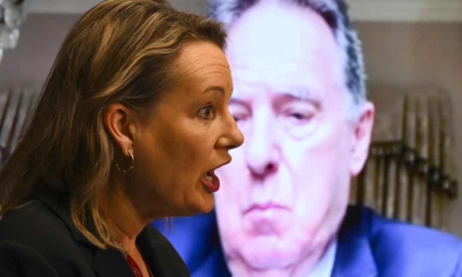 Australian environment minister Sussan Ley and Prof Graeme Samuel (on screen) speak to the media during the release of the interim report on the Independent Review of the Environment Protection and Biodiversity Conservation Act in July