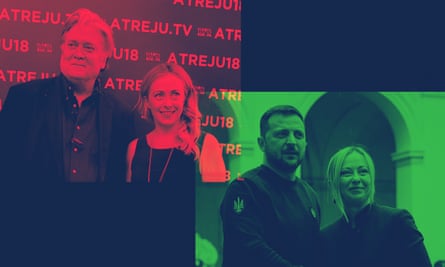 Composite showing Meloni with the former Donald Trump ally and strategist Steve Bannon, left, in 2018, and with Volodymyr Zelenskiy in 2023.