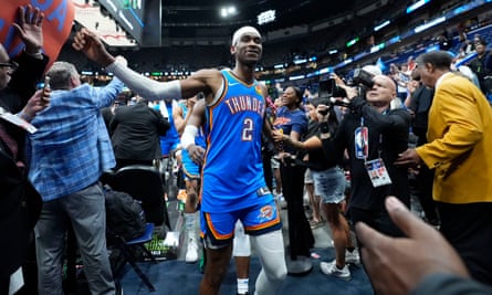 Oklahoma City Thunder guard Shai Gilgeous-Alexander (2) celebrates as he walks off the court after defeating the New Orleans Pelicans in Game 4