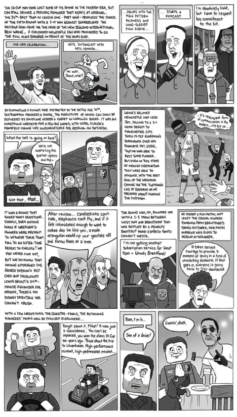 David Squires cartoon on the FA Cup fifth round, panel 1