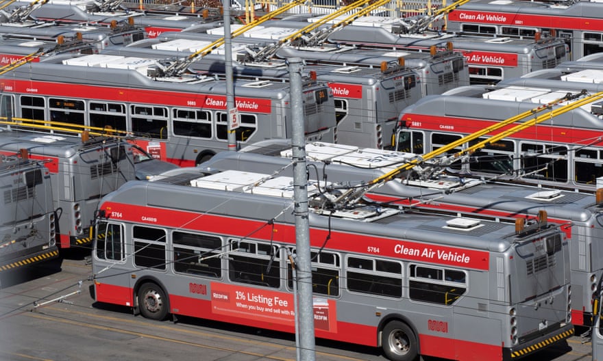 San Francisco Muni’s electric trolleybuses parked at a depot.