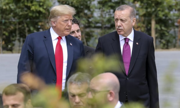 Donald Trump with the president of Turkey, Recep Tayyip Erdoğan, at the Nato headquarters in Brussels.