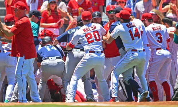 The Los Angeles Angels and Seattle Mariners cleared the benches during a brawl in the second inning at Angel Stadium on Sunday