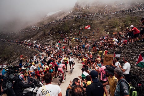 Richard Carapaz (EF Education Easypost) and Isaac Del Toro (UAE Team Emirates-XRG) ride up a mountain pass on Giro d'Italia Stage 20.
