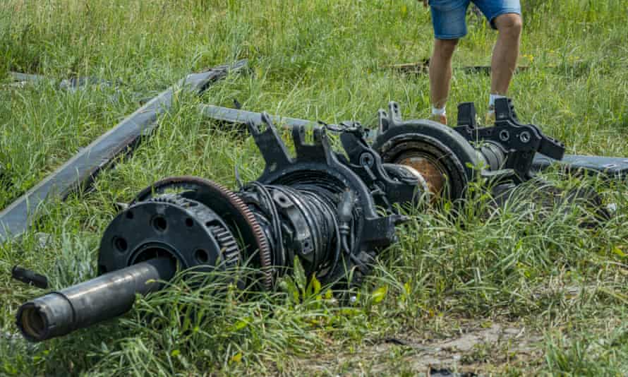 Remains of the rotor of a Russian helicopter K- 52 shot down by Ukrainian forces near Kyiv.