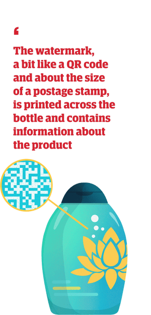 Quote: 'The watermark, a bit like a QR code and about the size of a postage stamp, is printed across the bottle and contains information about the product'