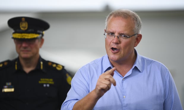 Scott Morrison at the Christmas Island detention centre last week. Morrison remains ahead of Bill Shorten on the personal approval rating, but the Coalition has fallen further behind Labor.