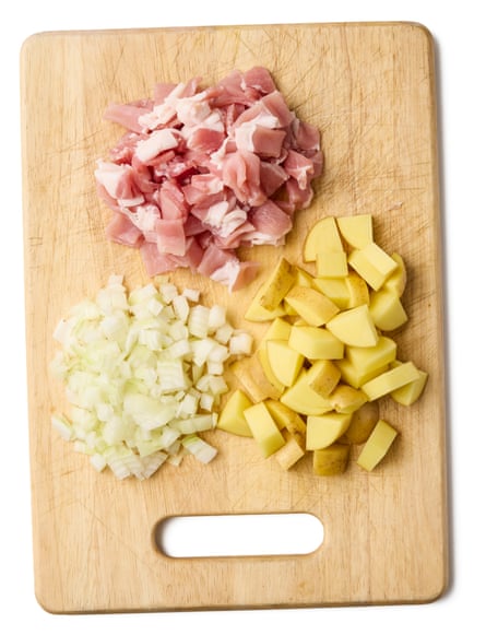 Step 4 chopped bacon, onions and potato